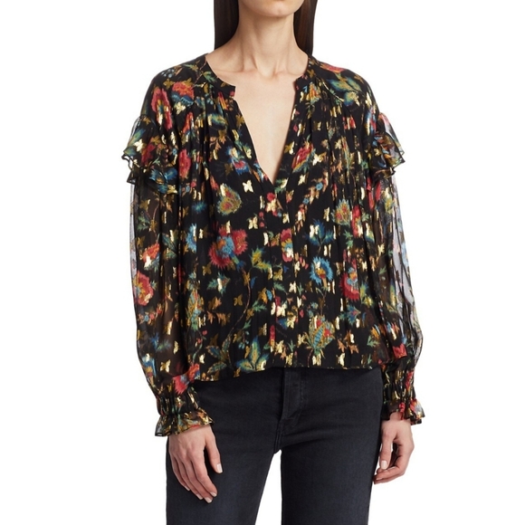 10 Crosby Derek Lam Lilou Sheer Floral Blouse Multicolor Boho Chic Romantic - Picture 1 of 16
